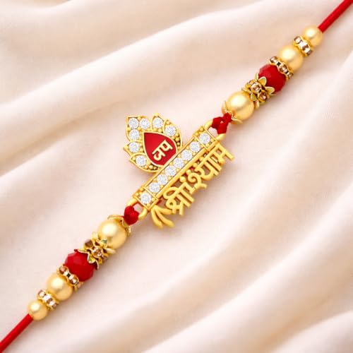 Image of Riddhika Ventures Glorious Gold Plated Auspicious Diamond Ring Rakhi with Roli Chawal and Greeting Card