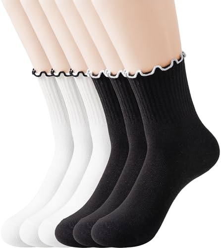 Image of Ruffle Ankle Socks for Women Size 5-9, Frilly Crew Breathable Cotton Trun-cuff Casual Calf Quarter Shoes Sock