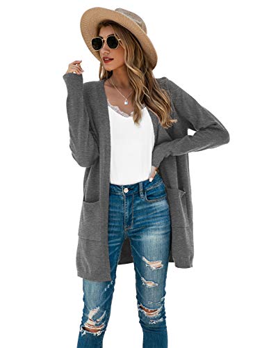 Tasamo Women's Long Sleeve Soft Sweater Open Front Cardigan Outwear With Pockets (Medium,Gray) #TOP2