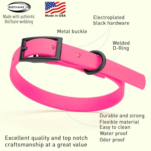 Image of Dogline Biothane Waterproof Dog Collar Strong Coated Nylon Webbing with Black Hardware Odor- Proof for Easy Care Easy to Clean High Performance Fits Small Medium or Large Dogs, Passionfruit Pink
