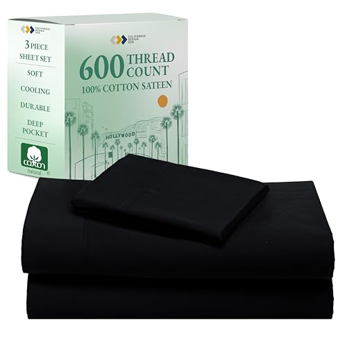 California Design Den Twin Sheets Set - Luxury 600 Thread Count Sateen, Natural 100% Cotton Bed Sheets, Fully Elasticized Deep Pockets, Crisp, Cool and Durable Hotel Quality Bedding - Black