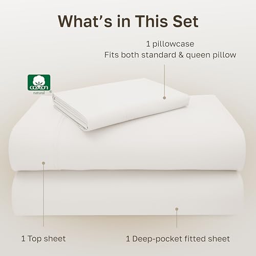 Image of California Design Den Twin Sheet Set - 100% Cotton, Luxuriously Soft 600 Thread Count Sateen Bedding, Deep Pocket Twin Sheets - True Ivory