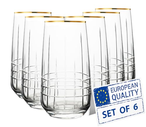 Biandeco Gold Rim Drinking Glasses | Set of 6 | Handmade Crystal Cut Tall Highball Glass Cups, Glassware for Cocktail, Long Drink, Water, Juice, Ice Tea, Mojito, 16 oz