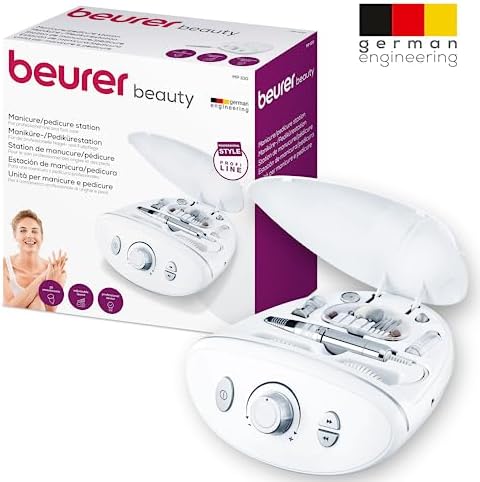 Beurer MP 100 elektryczna frezarka do paznokci, zestaw do manicure i pedicure, 10 nasadek szafirowych i filcowych, nakładka chroniąca paznokcie przed pyłem, prędkość do 20000 obr./min