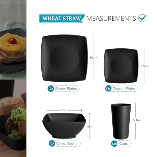 Teivio 48-piece Plastic Wheat Straw Square Dinnerware Set for 12, Unbreakable Dinner Plates, Salad Plates, Snack Bowls, Tumblers 13.5 oz, Dishwasher Safe Kitchen Outdoor Camping RV Dish, Black by Teivio - Image 2
