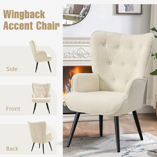 Furniliving Boucle Accent Chair for Living Room, Upholstered Reading Chair with High Backrest, Tufted-Button Wingback Armchair for Bedroom, Dressing Room, Home Office, Ivory White - Thumbnail 7