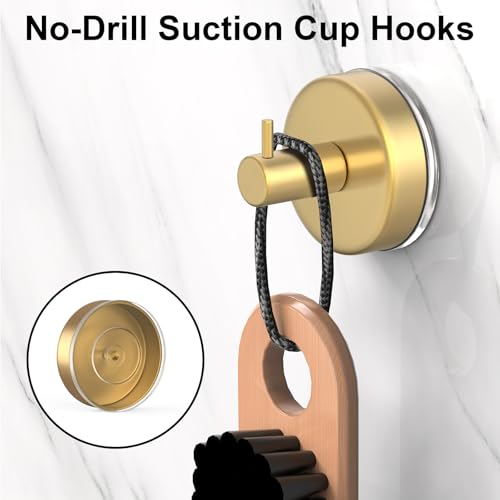 Image of HUFEEOH Gold L-Shape Suction Cup Hooks for Shower Walls, 2-Pack | Removable Suction Mounts, 304 Stainless Steel, Screw-Free Setup, Robes And Bath Accessories on Dry, Smooth Glass And Tile