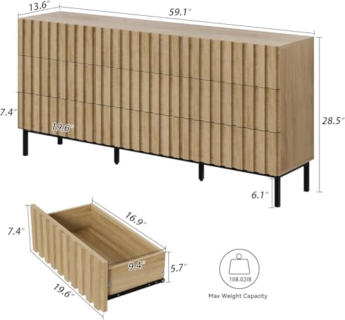 UEV 59\" Fluted Dresser with 9 Drawers for Bedroom, Mid Century Style Fluted Dresser, Long Chest of Drawers TV Stand for Bedroom, Hallway (Ivory White) - Thumbnail 2