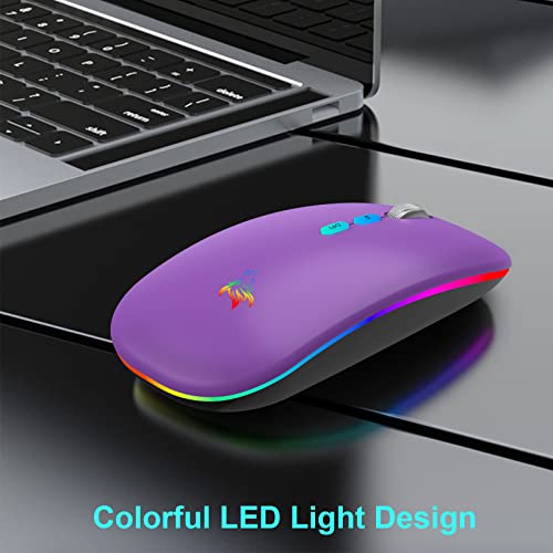 Hotlife Led Wireless Mouse, Slim Rechargeable Wireless Bluetooth Mouse, 2.4G Portable Usb Optical Wireless Computer Mice With Usb Receiver And Type C Adapter (Purple) #TOP2