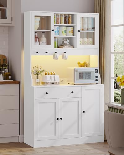 Credenza, Credenza Cucina con LED, Presa Elettrica, Ripiani Regolabili, Mobile Buffet con Cassetti, Armadio da cucina, Piano di Lavoro, Grande Spazio, Cucina, Sala da Pranzo, 103.5*40*180 cm, Bianca - immagine 3