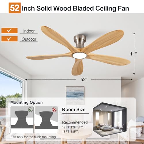 Image of 52 Inch Flush Mount Ceiling Fans with Lights and Remote, Dimmable 5 Blade Wood Outdoor Ceiling Fan Outdoor Fans for Patios Low Profile Modern Ceiling Fan with Light for Bedroom Living Room