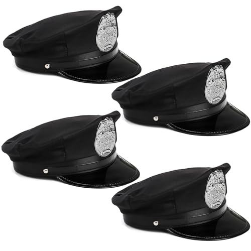 Mezchi 4 Packs Black Police Hat Cop Hat for Adults Unique Police Officer Hat for Stage Performance and Cosplay Party Funny Police Hat Costume for Party Favor Supplies