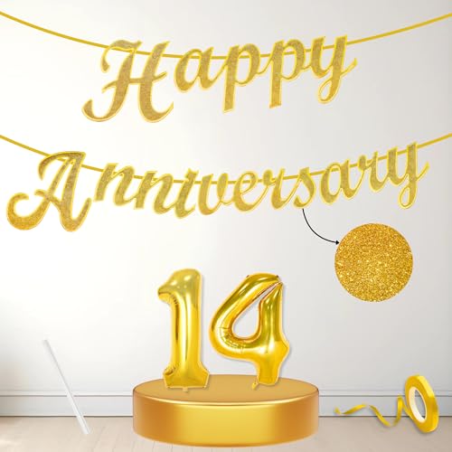 Image of Flyloons 14th Happy Anniversary Banner Gold Decorations Kit for Men Women Wedding Anniversary Banner Items without Balloons