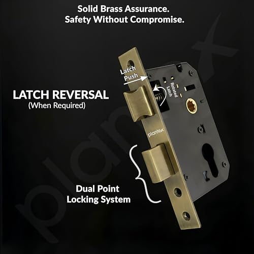 Image of Plantex Heavy-Duty Door Lock Handle Set / 6-Lever Lock Mechanism with 3 Years of Warranty /Mortise Lock with 3 Keys, Brass Lock Body & Cylinder - (8129-Brass Antique)