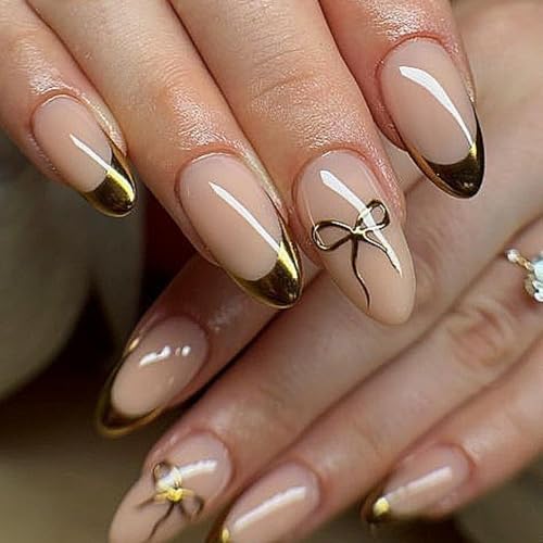 24 Pieces Gold French Tip Press On Nails | Nude Artificial Nails with Bow Design | Long Almond False Nails | Stick On Fake Nails for Women & Girls | Reusable Nails