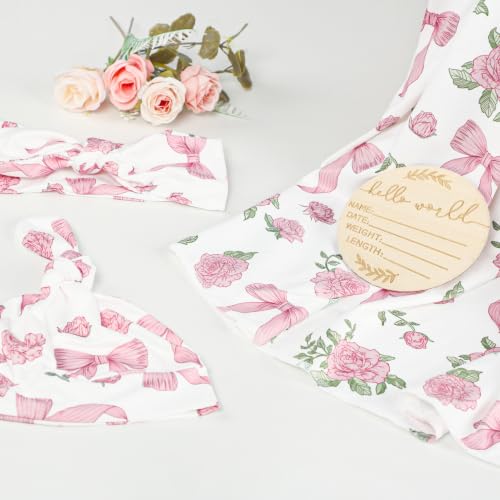 Image of TANOFAR 4-Pack Newborn Swaddle Blanket for Baby Girls & Boys, Ultra Soft Receiving Blankets with Matching Headband and Beanie Set Baby Nursery Swaddle Wrap, Flower Bow