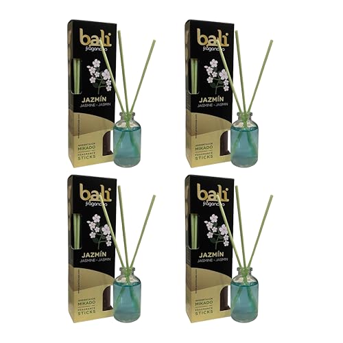 Pack de 4 Bali fragancias Ambientador Mikado JAZMÍN Difusor con varillas de ratán para tu salón, comedor o cualquier estancia de tu hogar, fragancias seleccionadas, Aromaterapia, Perfumado (30 ml)