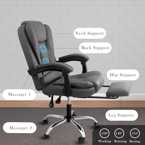 Image of Casa Copenhagen Italia Leatherette Office Chair for Work | Boss Chair, Ergonomic Executive, Luxurious Cushioned Arms & Seat, 2 Point Back Massager, Adjustable Leg Rest, Heavy Duty Metal Base(Grey)