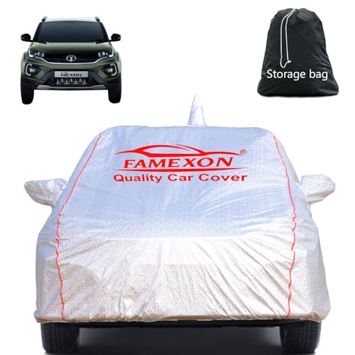 Image of Full Body Car Cover for Tata Nexon with Mirror and Antena Pocket Triple Stiched(Silver with Red Piping)
