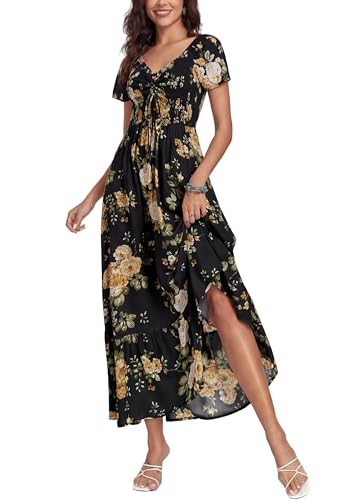 Image of Summer Smocked Boho Maxi Dress for Women 2026 Short Sleeve Floral Smocked Flowy Ruffled Beach Vacation Dresses Lightweight
