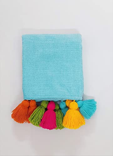 Image of Blue Sofa Cover Multicoloured Tassels: Sectional Sofacover: Thick Fabric, Seat & Front Back Protection -Set of 2 Seat Covers & Single Back Cover- L Shape Sectional (3 Seater + 2 Seater Lounger)