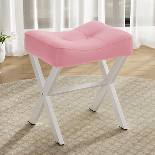 Image of Memobarco 18-Inch Leather Vanity Stool Chair, Vanity Bench with Metal X-Leg, Ottoman Accent Stool with Thick Padded Saddle Seat, Pink