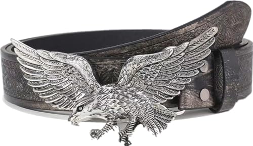 VERENIX Flying Eagle Western Cowboy Retro Brown Leather Decolouration Waist Belt for Men Causal Golf Pants Polo Shirts Matching Steampunk Rock Buckle Belts Bull Pattern Floral Engraved Buckle Belt