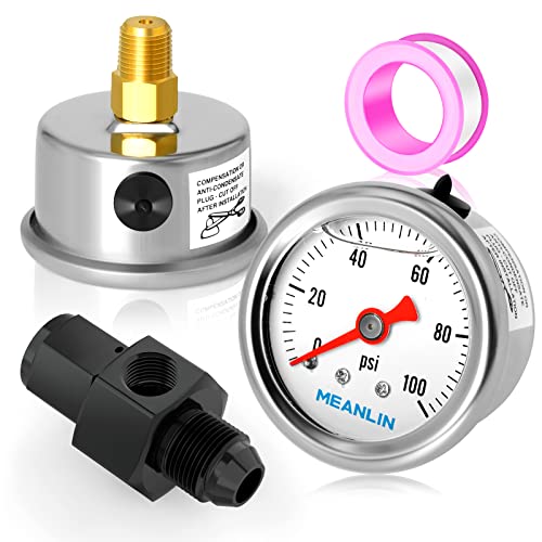 MEANLIN MEASURE 0~100Psi Stainless Steel Glycerin Filled Pressure Gauge 1/8" NPT 1.5" FACE DIAL, with 6AN Pressure Take Off Fitting, Liquid Filled Pressure Gauge WOG Water Oil Air Back Mount