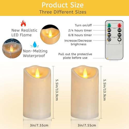Image of Flameless Candles 3 inchD X 6 inchH Set of 12 Outdoor Indoor Ivory Pillars Battery Operated Flickering Candles Include 8-Key Remote Timer Function, Ivory Waterproof Candles for Wedding, Aniversary Decor