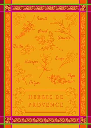 Autrefois Torchon Imprimé Jacquard Orange 48x70 cm, Motif Herbes de Provence, Herbier Orange