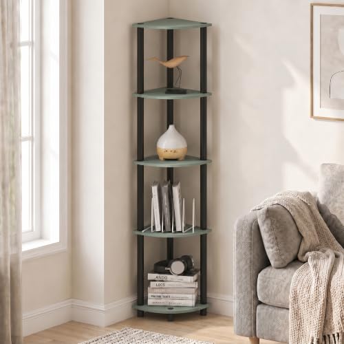 Image of Furinno Turn-N-Tube Toolless Assembly 5-Tier Storage Shelves, Sage Green | Green Corner Shelf, Open Storage Book Shelf, for Organization and Storage, Living Room, Home Office, Bedroom