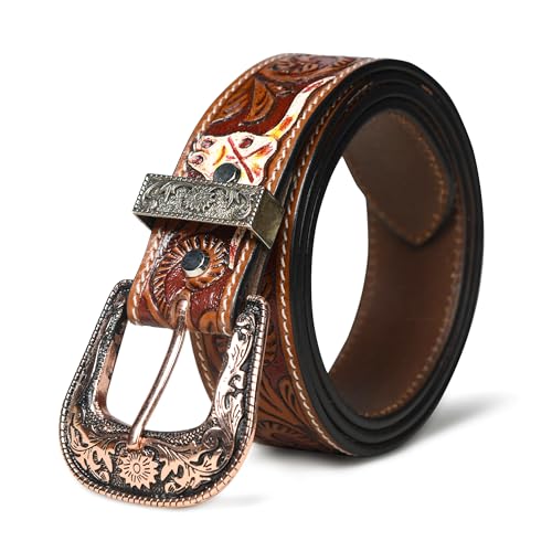 Image of Handcrafted Engraved Design Leather Belt with Embossed Buckle by N Z Overseas