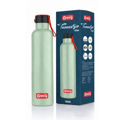 Image of Grecy Trim 1 Litre Stainless Steel Water Bottle Light Green | Single Wall 1000ml Fridge Bottle BPA Free Leak Proof | Rust Proof, Odour Free | Lightweight Carry Band | Made in India | Office,Gym,School