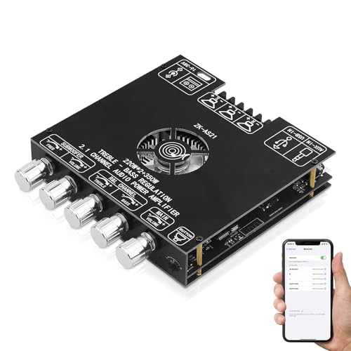 Bluetooth 5.1 Audio Amplifier Board, ZK-AS21 2.1 CH 220W x 2 + 350W HiFi Subwoofer Power Amp Mini Digital Audio Amp Module for Home Speakers(30-220W, 3-8Ohms), DC 16-38V, BT USB AUX Input