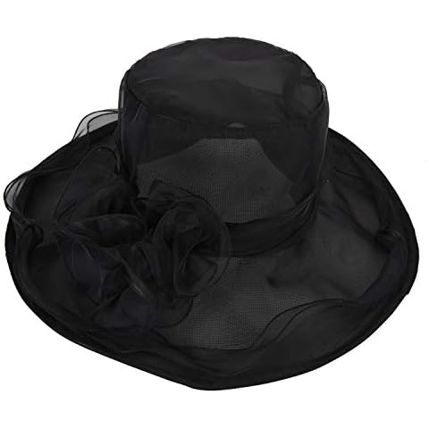 Yoosit Tea Party Navy Blue Fascinator Hat Organza Veil Fascinators Dress Hats Vintage Wedding Church Funeral Cocktail Easter Pillbox British Beach Flower Cap for Women (Black) Cover