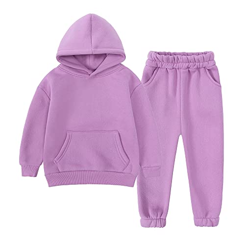 Kids Tales 2Pcs Youth Brushed Fleece Tracksuit Thick Cotton Hoody Sweatsuit Teens Solid Pullover + Sweatpants Outfits Set