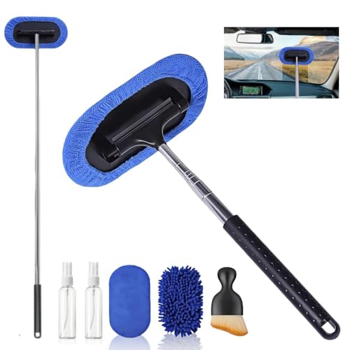5Pcs Car Windscreen Cleaner Tool, Car Window Cleaner, with 2 Reusable Washable Microfiber Pads, 180°Rotating Telescopic Handle Car Window Demister, Car Glass Cleaner Brush, for Auto SUV