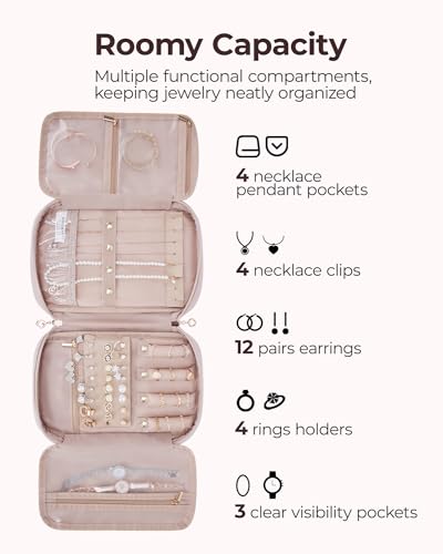 BAGSMART Jewelry Organizer Case Travel Jewelry Storage Bag for Necklace, Earrings, Rings, Bracelet, Soft Pink4