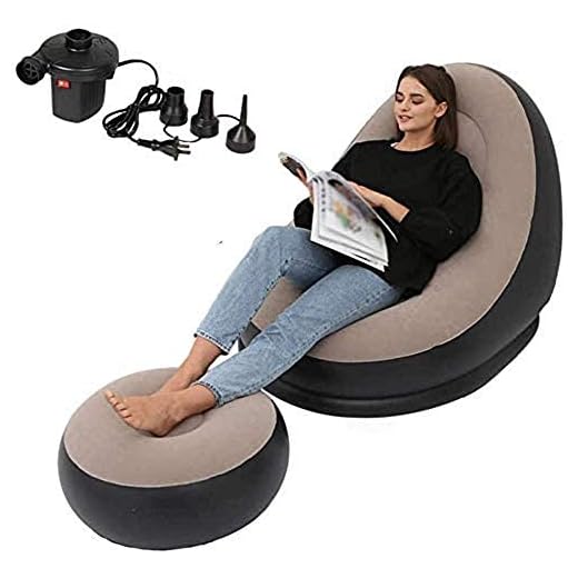 2-IN-1 Grey/Black Lounge Sofa Bed Set, Folding Portable Inflatable Lazy Flocking Recliner Chair with Footstool and Air Pump - Great for Pop Up Indoor and Outdoor Balcony, Backyard, Camping, Picnic, RV