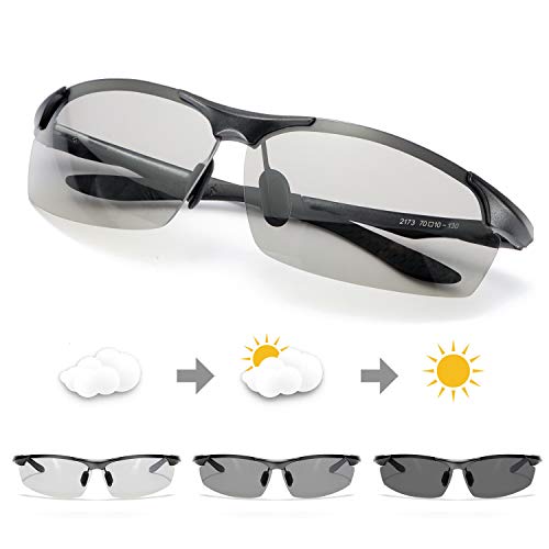 TJUTR Photochromic Gafas de Sol Hombre Polarizadas Rectangulares Lentes Antideslumbrante -100% Protección UVA UVB (Negro/Gris)