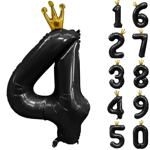 Black Number 4 Balloon with Crown, 40 inch Black Number Balloon 4th Birthday Party Decoration Black Crown Balloons 0-9 for Birthday Party Anniversary Decorations Supplies