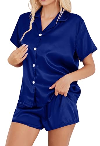 Image of Satin Pajamas for Women Solid Color, Silky PJs Set with Notch Neck & Adjustable Drawstring Shorts