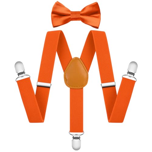 AOOWU Set Bretelle 2.5cm Elastiche Con Papillon Arancia Regolabile - Bretelle Bambini Con 3 Clips Forma a Y - Ideale Regalo per Ragazzo