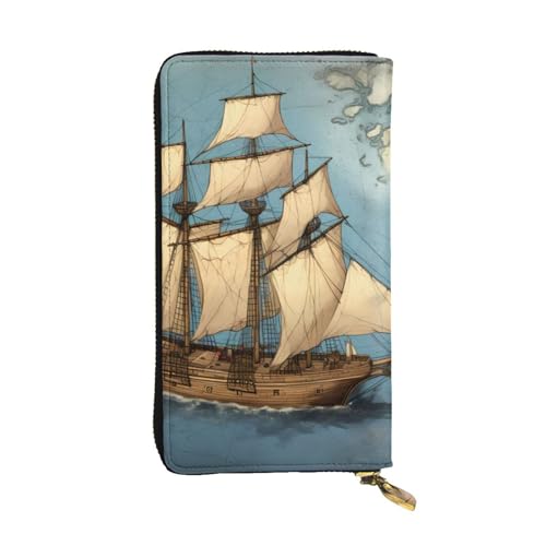 Leather Wallet - Stylish and Durable Wallet for Women with Multiple Compartments and Zipper Design Sailboat drifting on the sea Map Picture