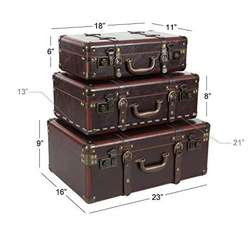 Deco 79 Leather Nesting Upholstered Trunk With Vintage Accents And Studs, Set Of 3 18", 21", 23"W, Brown #TOP2