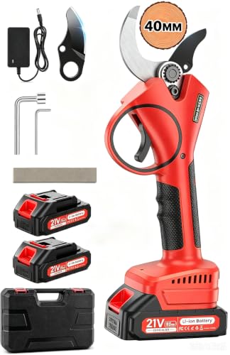 Tijeras de Podar Eléctricas, 40mm Tijeras de Podar Bateria Hoja SK7, Potentes 800W Motor Sin Escobillas, 2 Baterías 2000mAh 21V, 6-8H de Autonomía, Ligera y Mano Única, para Árboles Frutales,Viñas