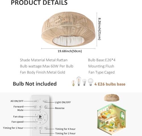 zheshirui 20" Boho Caged Ceiling Fan with Lights Flush Mount, Low Profile Rattan Ceiling Fans with Lights and Remote Control, Enclosed 6 Speeds for Bedroom, Living Room, Kitchen - Image 8