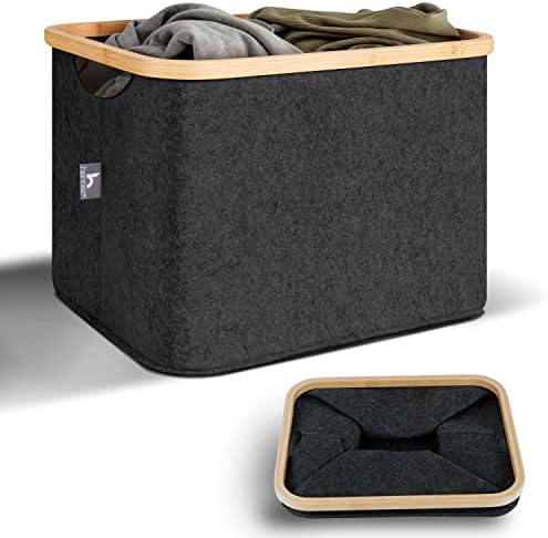 HENNEZ Canvas Kallax Storage Boxes for Shelves - Foldable Laundry Basket Kallax Insert - Collapsible Wardrobe Storage Box Towel Storage Baskets for Linen Toy Cube Storage Box Organiser, Bamboo Handles