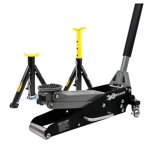 RocwooD Aluminium Trolley Jack 1.5 Ton Hydraulic Low Profile and Folding 3 Ton Axle Stands Lifting Range 90mm-358mm Quick Lift Car Van Mechanic Workshop Emergency 1.5T Tonne