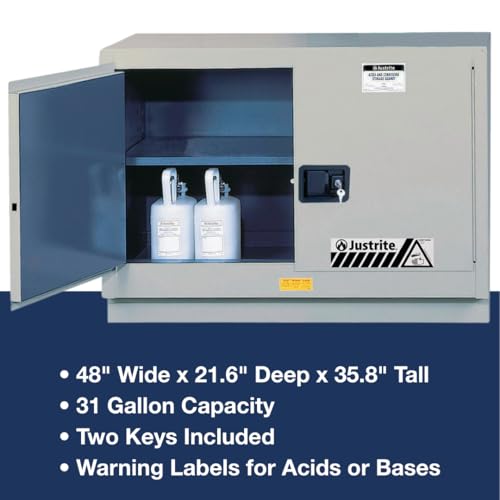 Image of Justrite Acid Corrosive Storage Cabinet - 31 Gallon 2 Door Self Close Chemical Storage Cabinet with ChemCor Coating - 22 inch x 36 inch x 48 inch - Made in The USA - Silver - 8849242